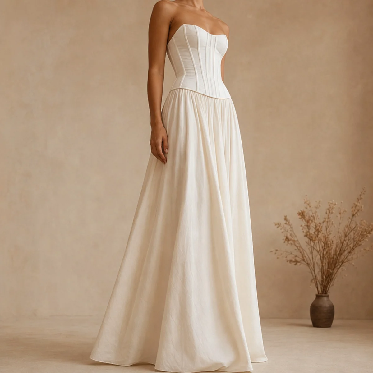Faceless full-length shot of a white corset top with a flowing maxi skirt