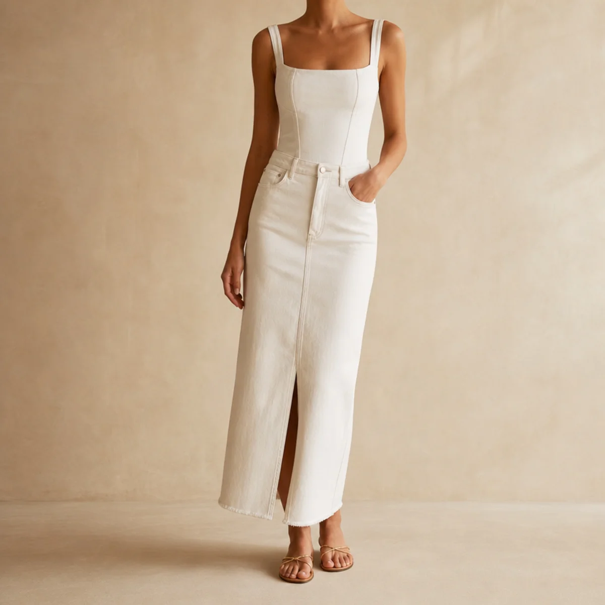 Faceless waist-up shot of a white denim skirt with a fitted bodysuit and sandals