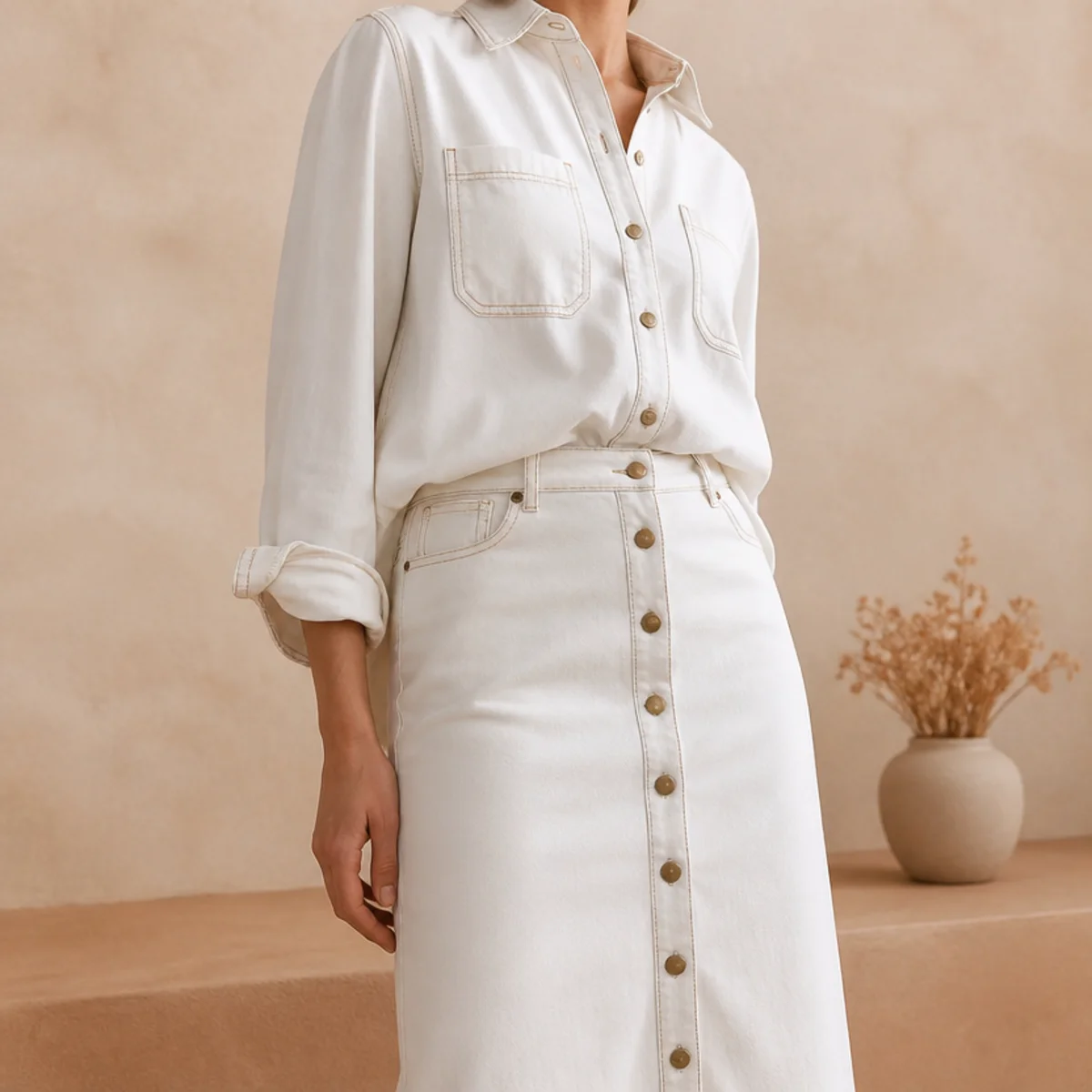 Faceless waist-up shot of a white denim skirt with a button-down shirt half-tucked