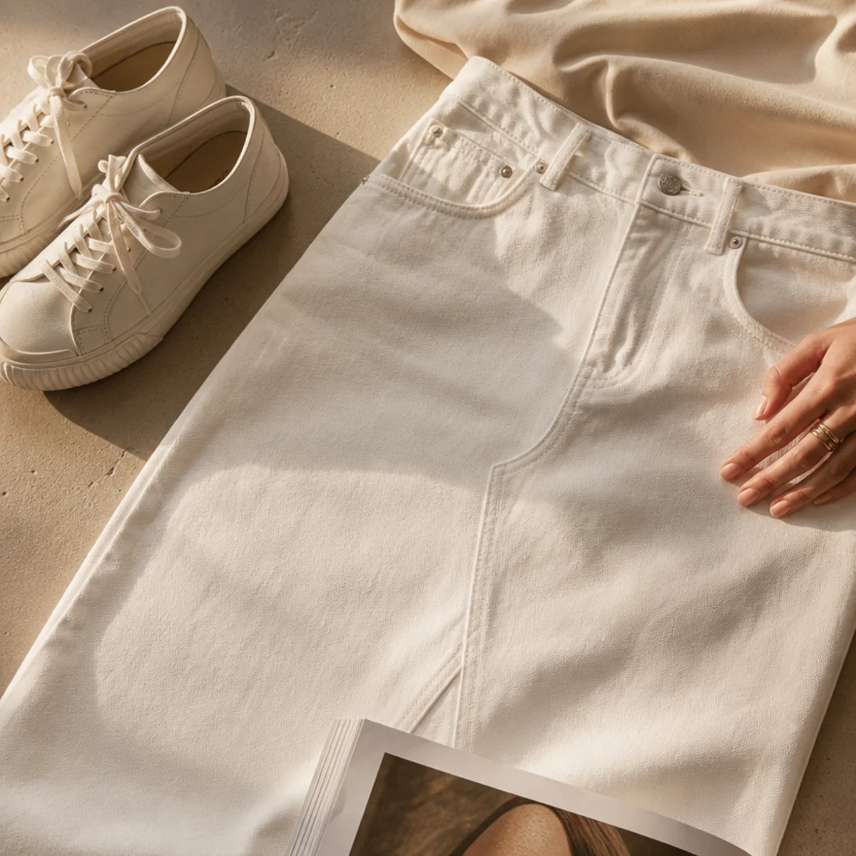 Faceless full-length shot of a white denim skirt with a tee and white sneakers