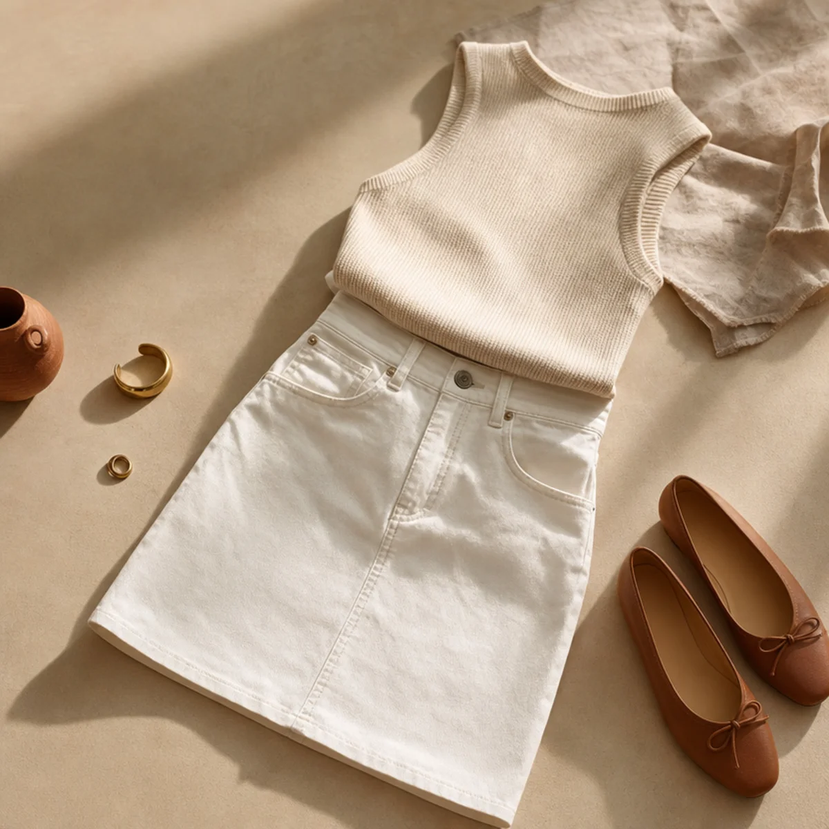 Faceless waist-up shot of a white denim skirt with a fitted knit top and flats