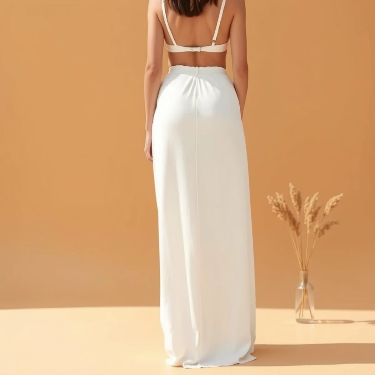 Faceless full-length shot of a white maxi skirt over a bikini top for the beach