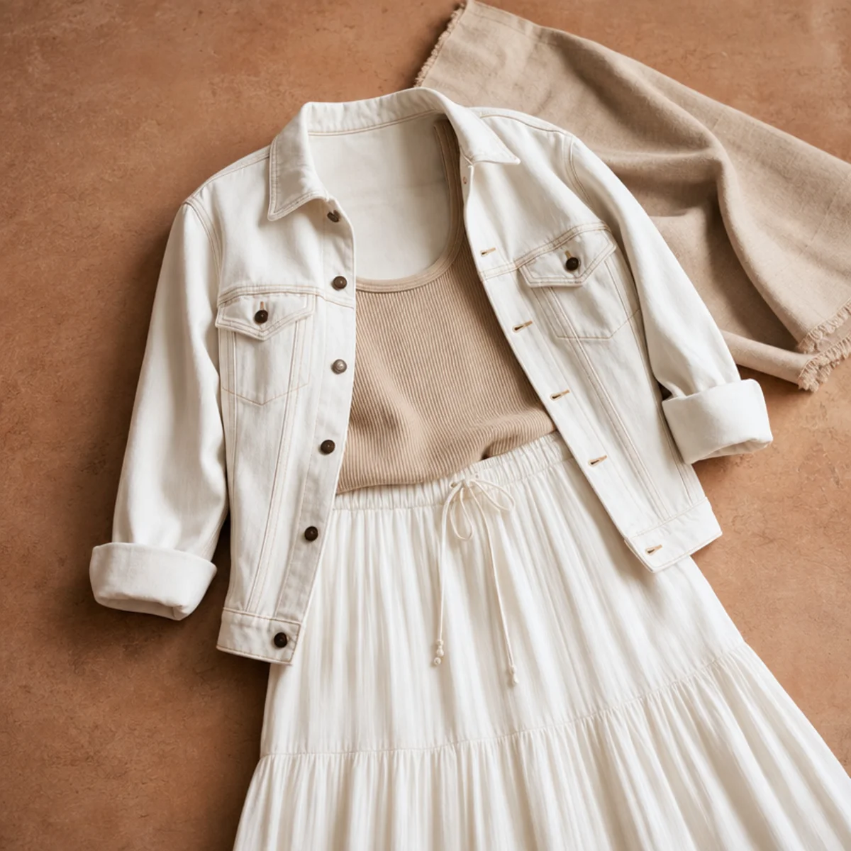 Faceless waist-up shot of a white maxi skirt with a tank and a denim jacket