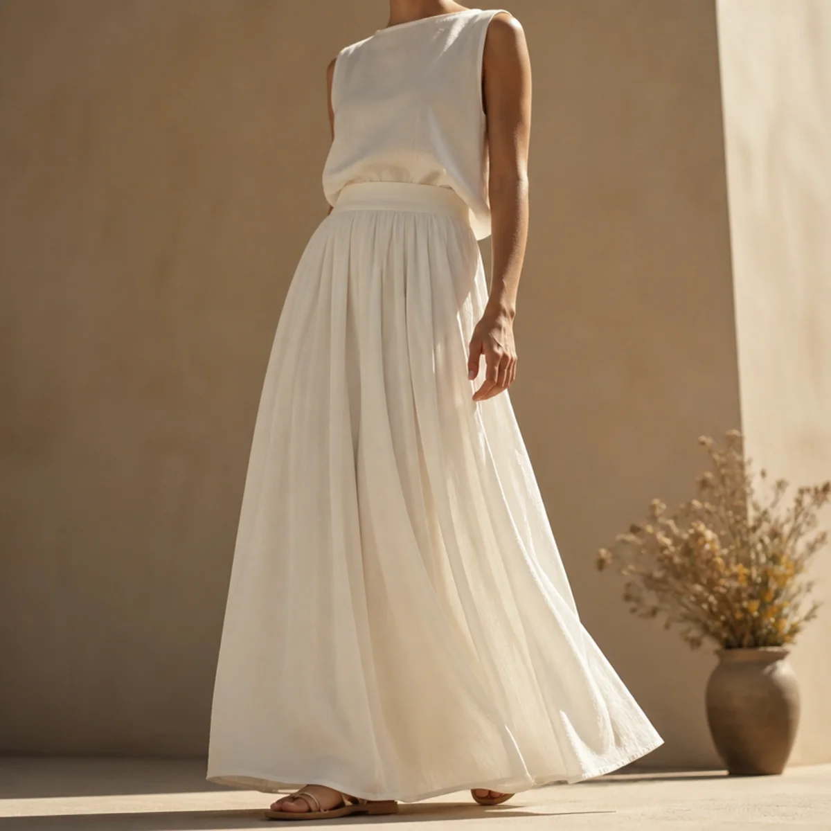 Faceless full-length shot of an all-white outfit with a white maxi skirt and white top