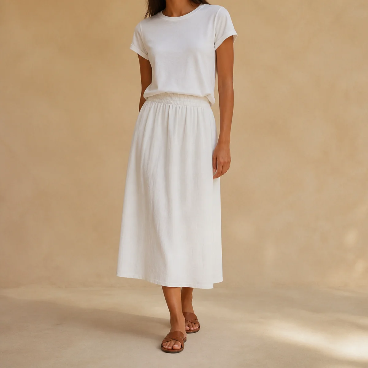 Faceless full-length shot of a white midi skirt with a tucked tee and flat sandals