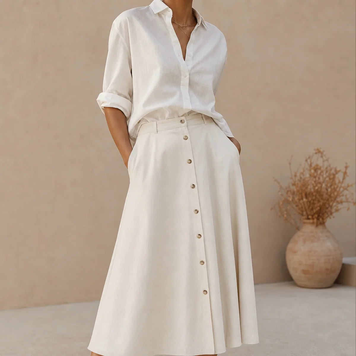 Faceless waist-up shot of a white midi skirt with a crisp button-down half-tucked