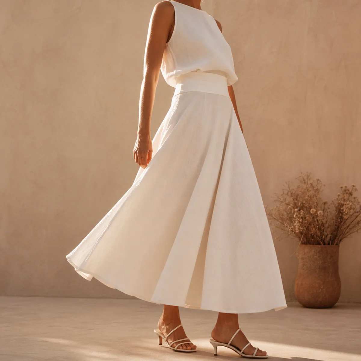 Faceless full-length shot of an all-white outfit with a white midi skirt and white top