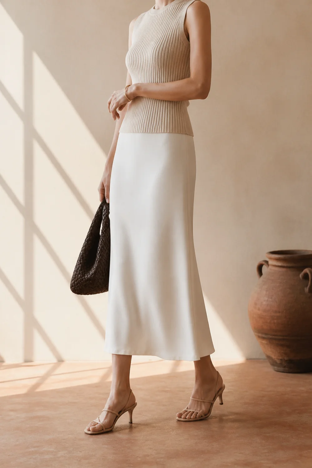 Faceless white midi skirt outfit with a fitted knit and heels