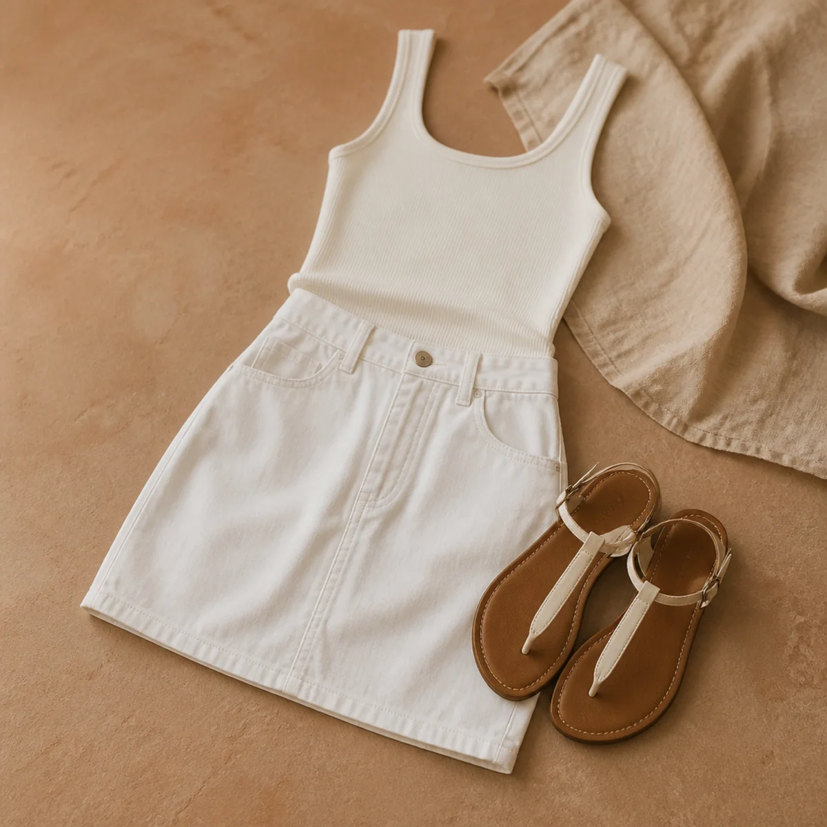 Faceless full-length shot of a white mini skirt with a fitted tank and flat sandals