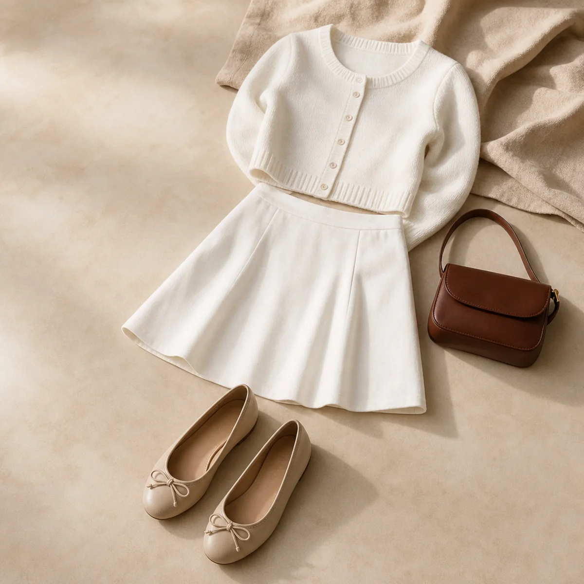 Faceless waist-up shot of a white mini skirt with a cropped cardigan and flats