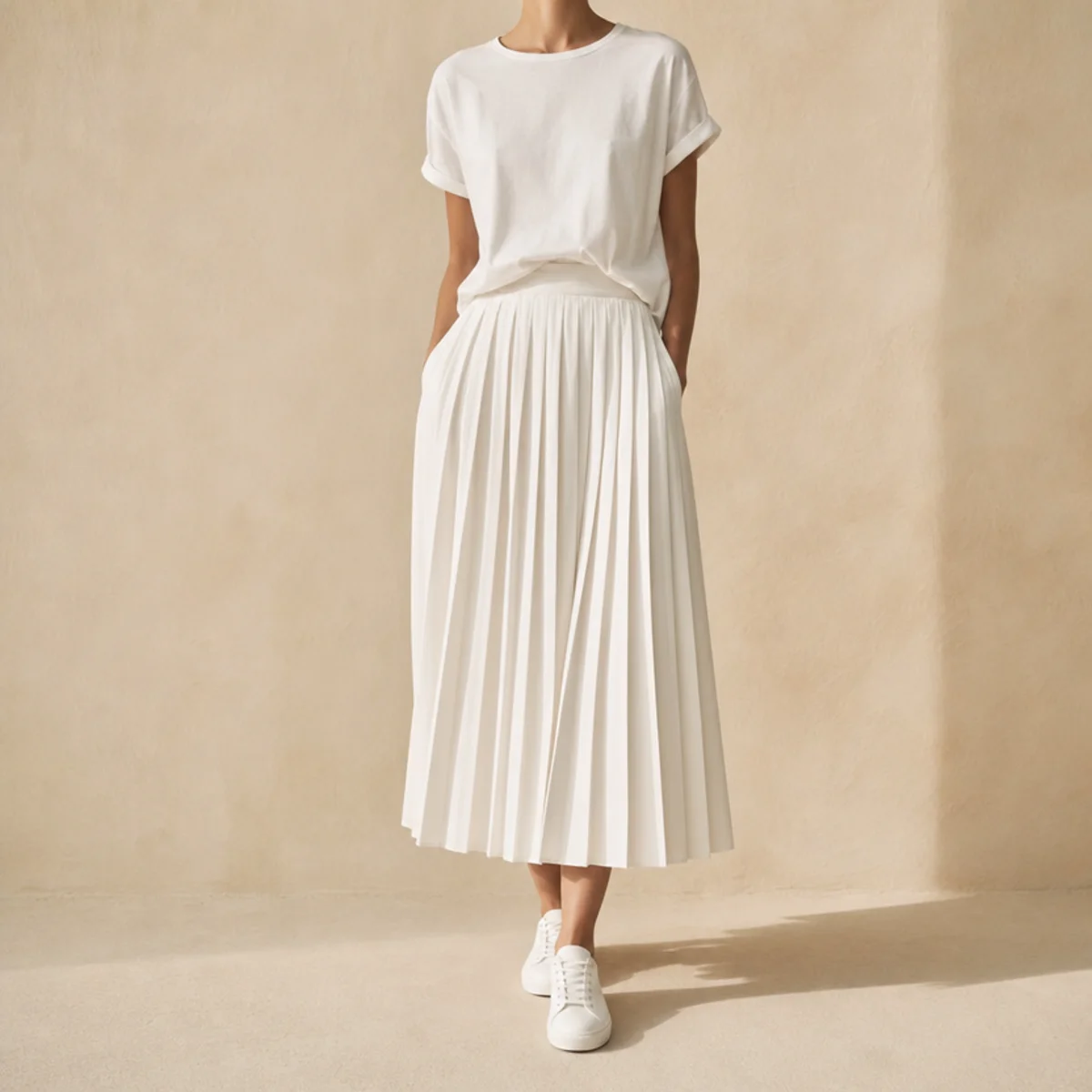 Faceless full-length shot of a white pleated skirt with a tee and white sneakers