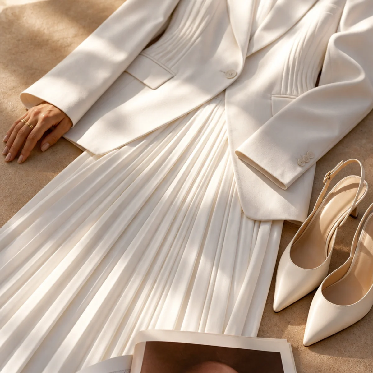Faceless full-length shot of a white pleated skirt with a blazer and heels