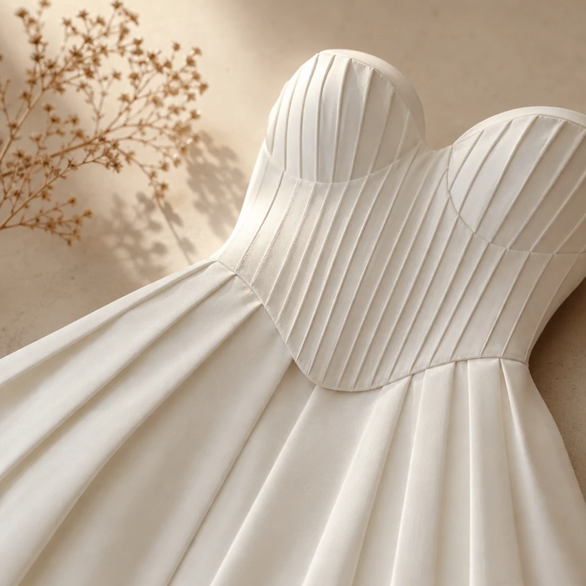 Faceless waist-up shot of a white pleated skirt with a corset top and heels