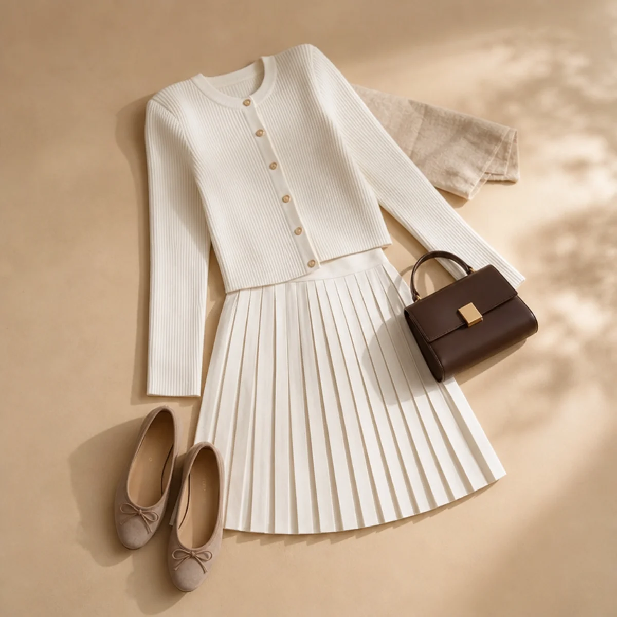 Faceless waist-up shot of a white pleated skirt with a cropped cardigan and flats