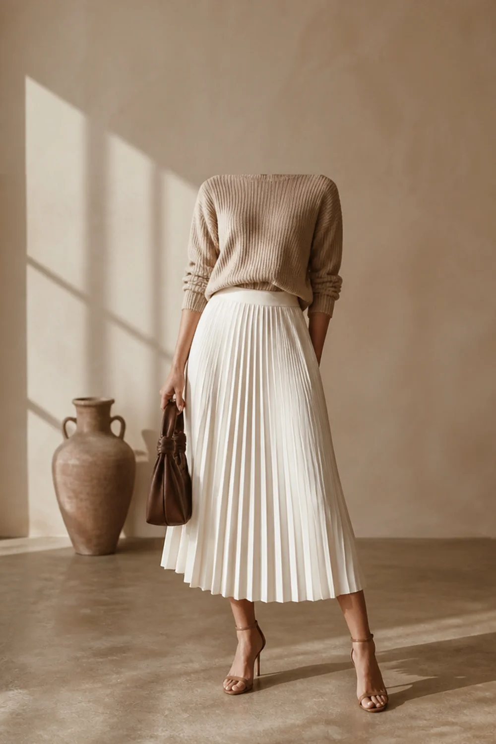 Faceless white pleated skirt outfit with a knit and heels