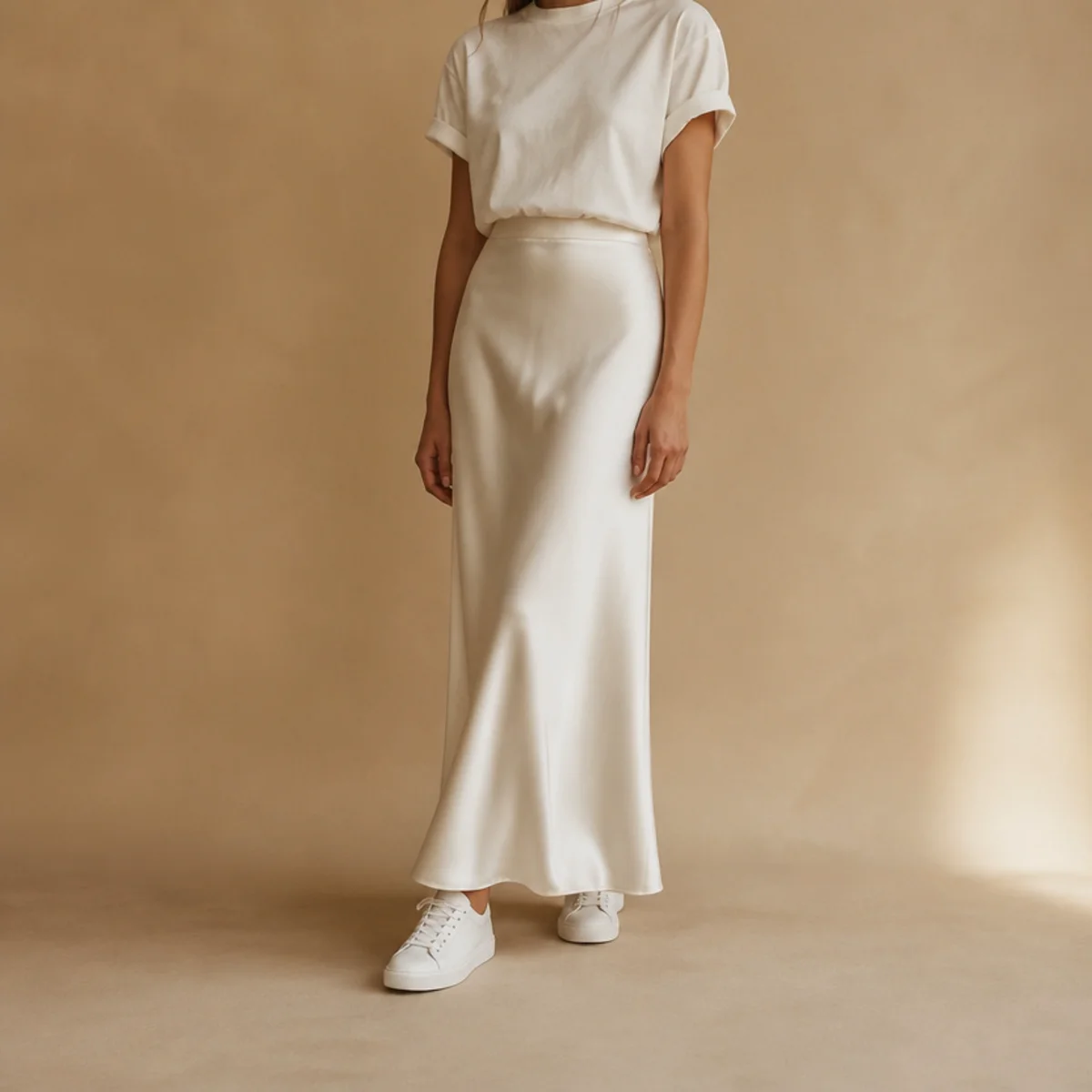 Faceless full-length shot of a white satin skirt with a tucked tee and white sneakers