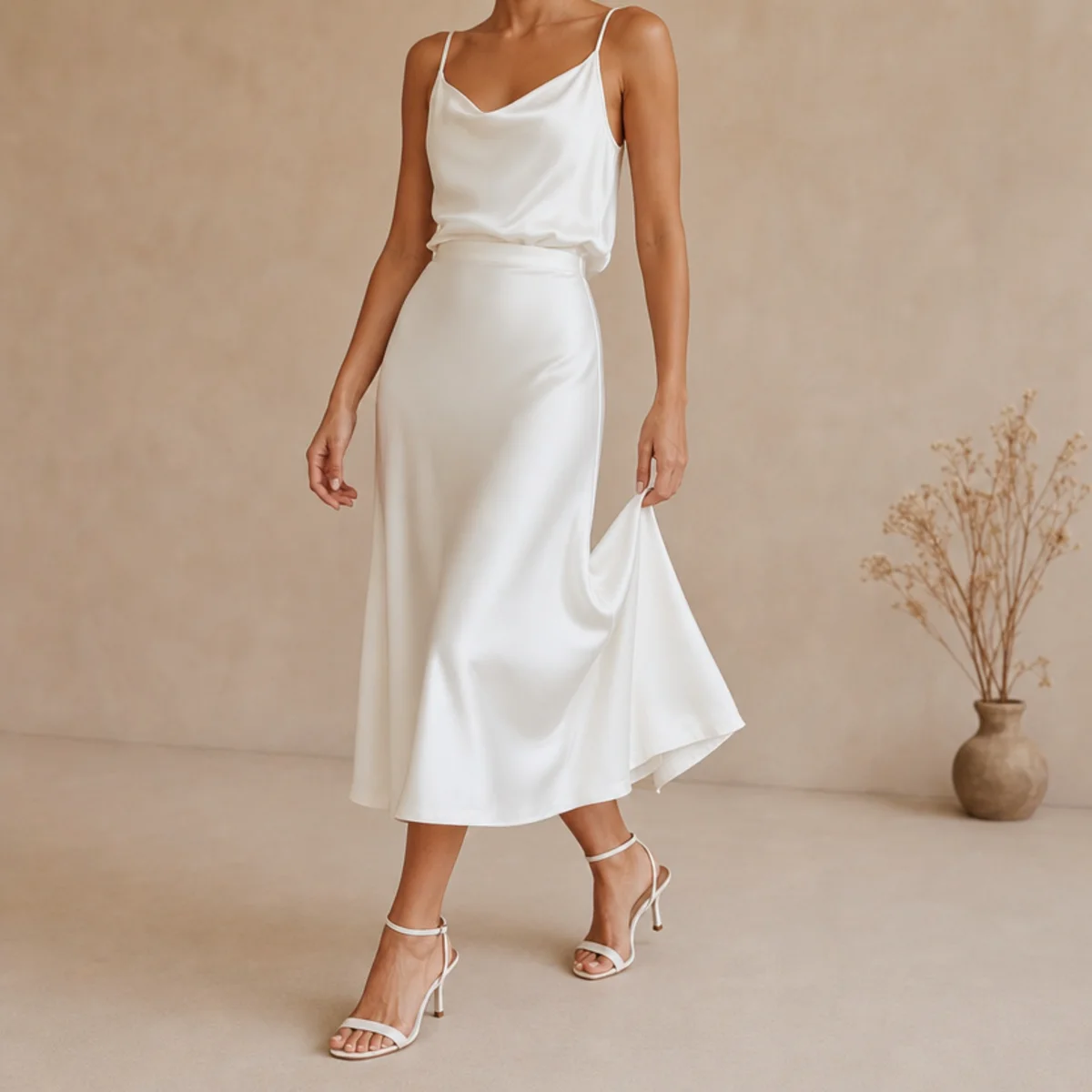 Faceless waist-up shot of a white satin skirt with a silky cami and heeled sandals