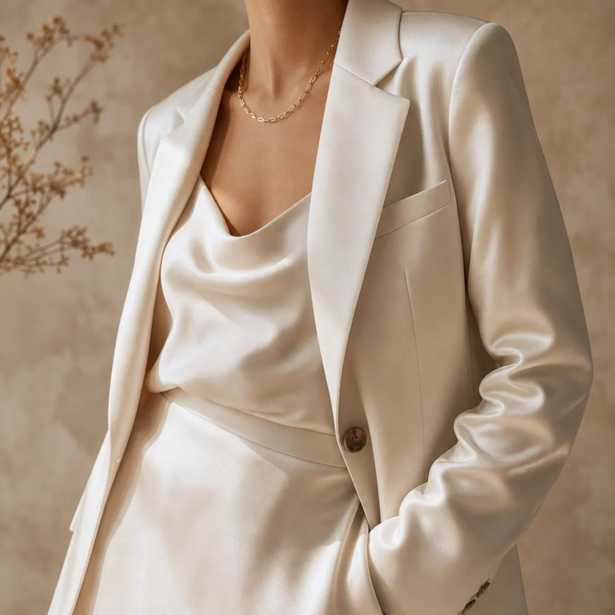 Faceless waist-up shot of a white satin skirt with a blazer over a cami and heels