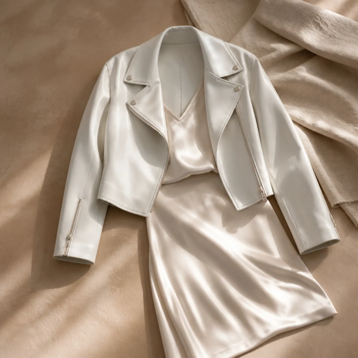 Faceless waist-up shot of a white satin skirt with a cami and a leather jacket