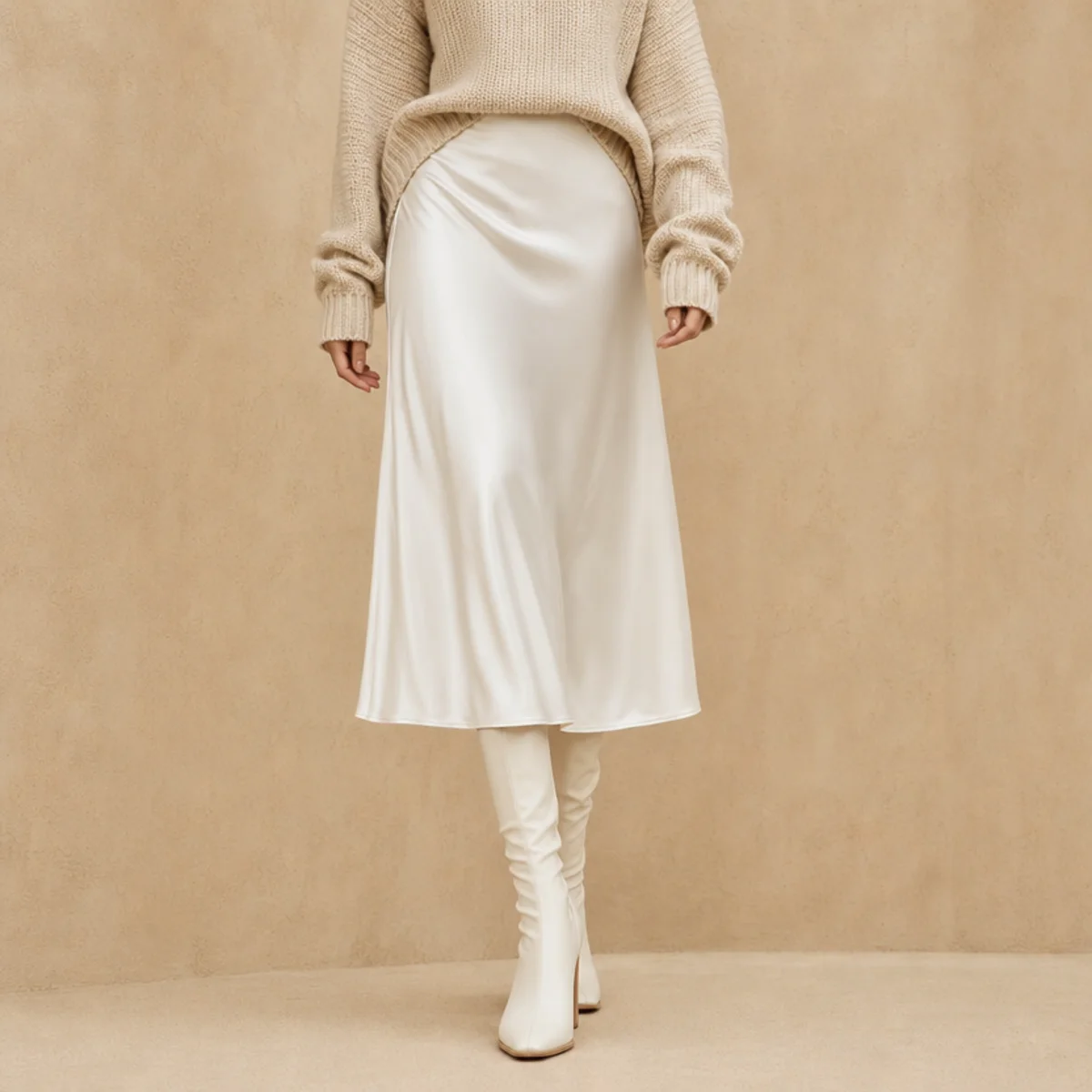 Faceless full-length shot of a white satin skirt with a chunky knit and tall boots