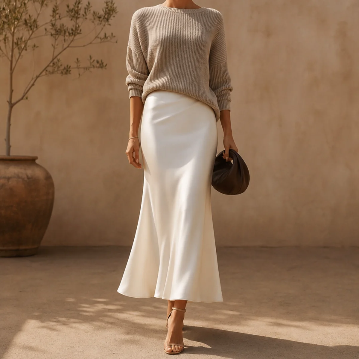 Faceless full-length editorial shot of a white satin bias-cut skirt with a knit and heels