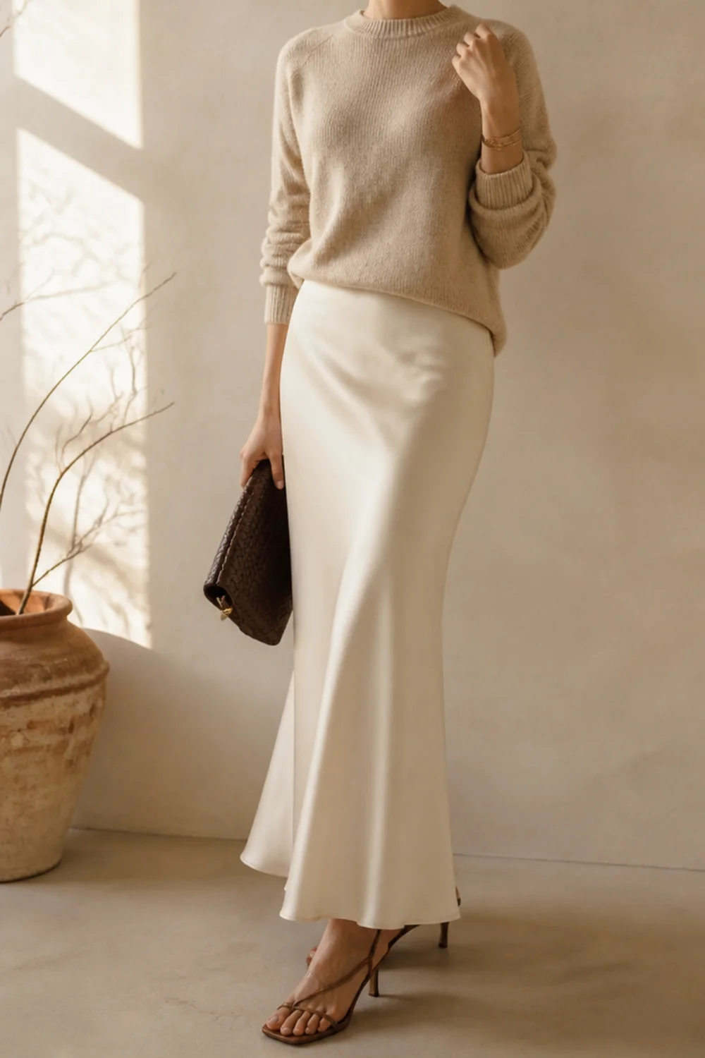 Faceless white satin skirt outfit with a knit and heels