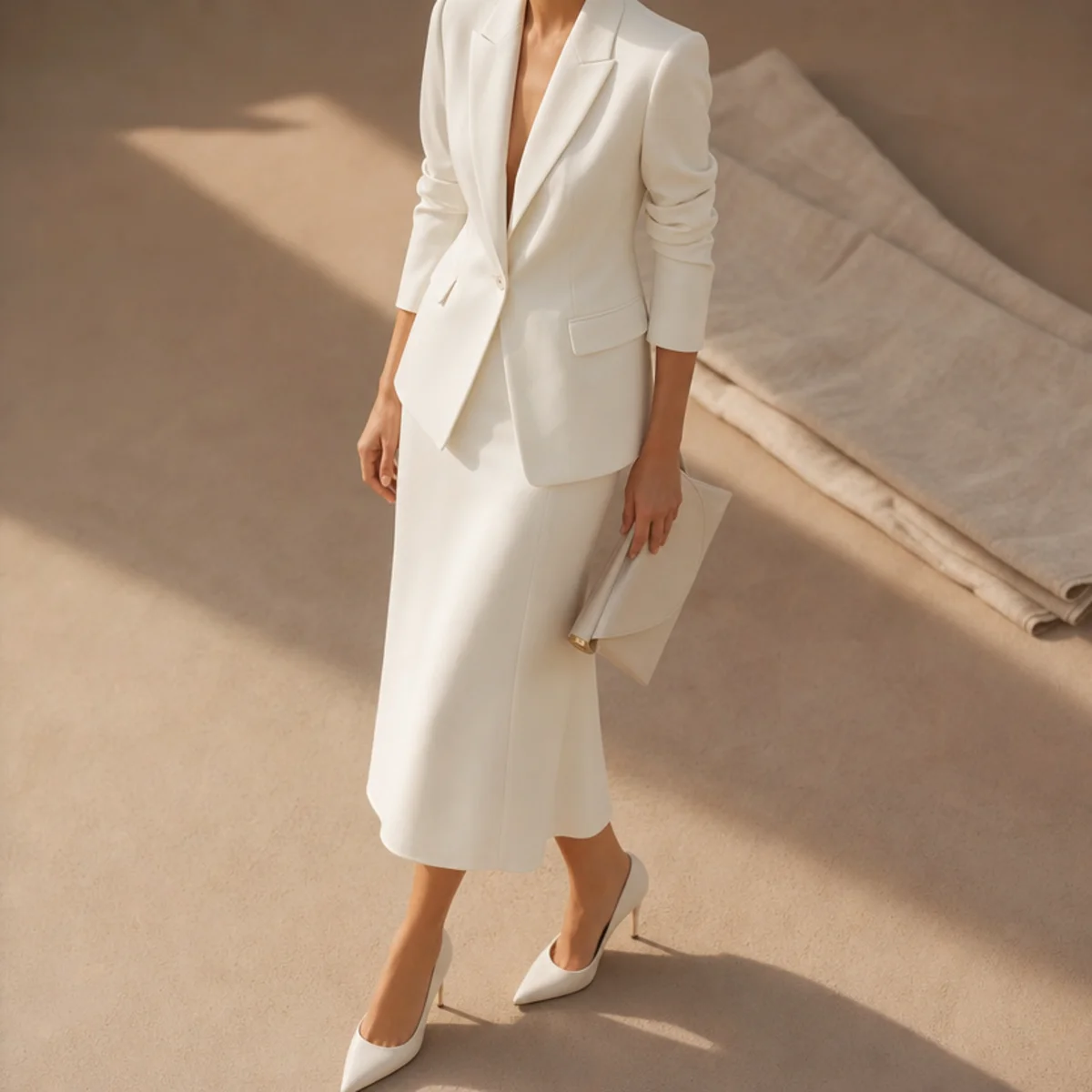 Faceless full-length shot of a white midi skirt with a tailored blazer and pointed heels