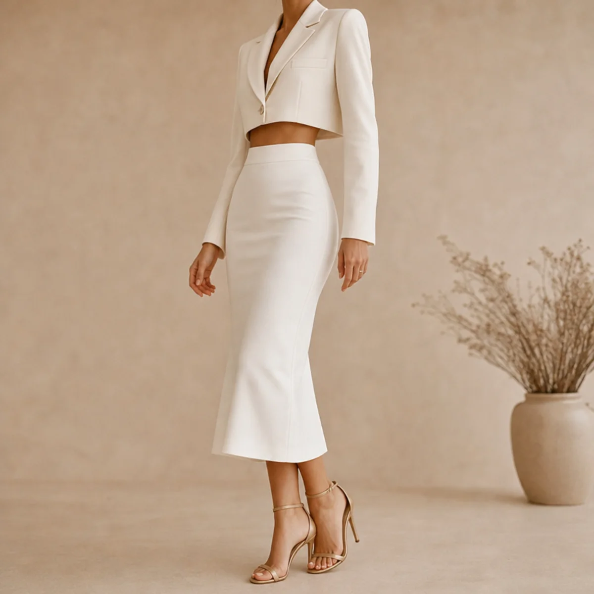 Faceless waist-up shot of a high-waisted white skirt with a cropped blazer and heels