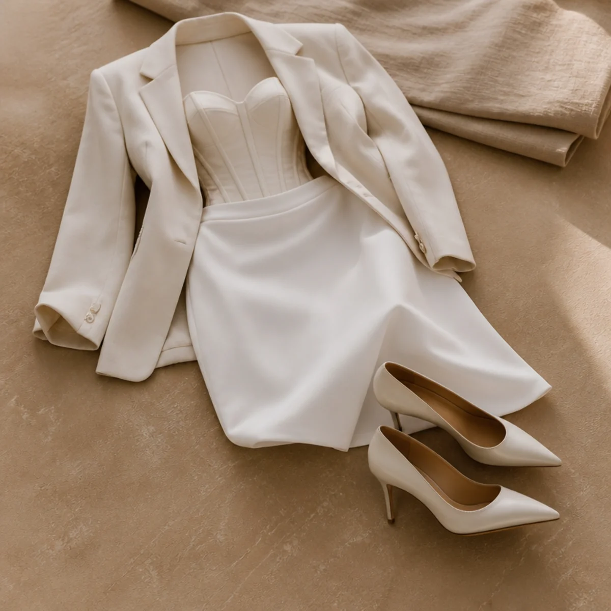 Faceless waist-up shot of a white skirt with a corset top under a blazer and heels