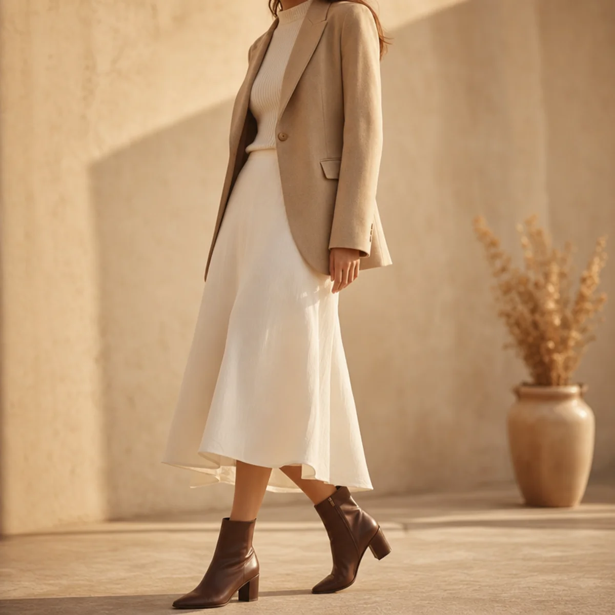 Faceless full-length shot of a white skirt with a blazer and ankle boots for cooler days