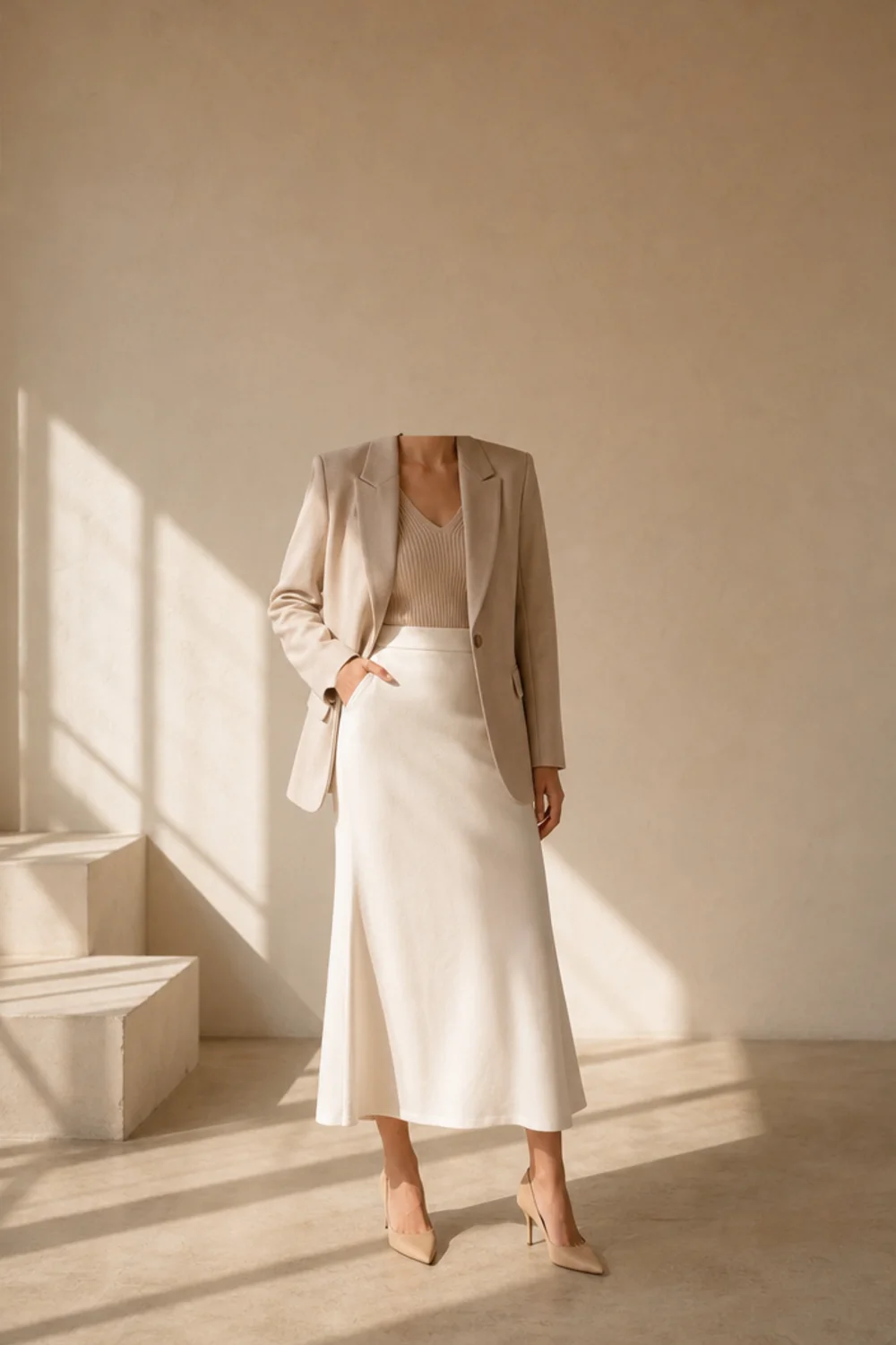 Faceless white skirt and blazer outfit with pointed heels