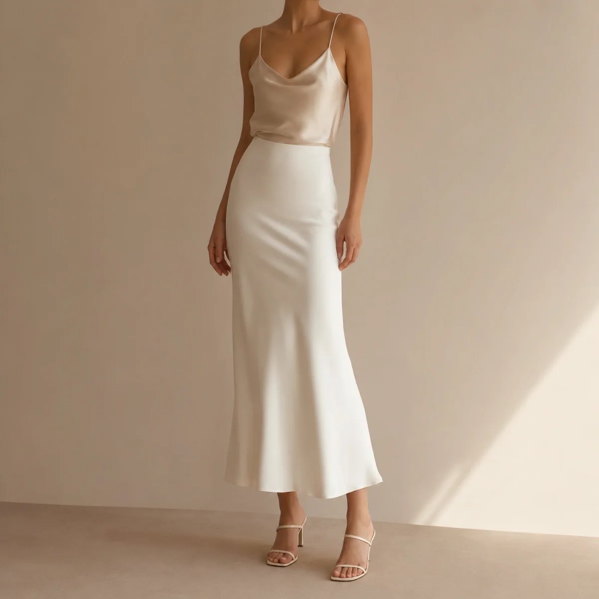 Faceless waist-up shot of a white skirt with a silky cami and heeled sandals