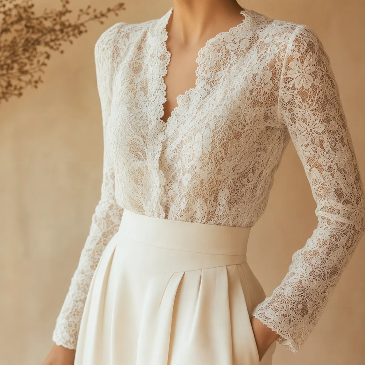 Faceless waist-up shot of a white skirt with a delicate lace top and heels