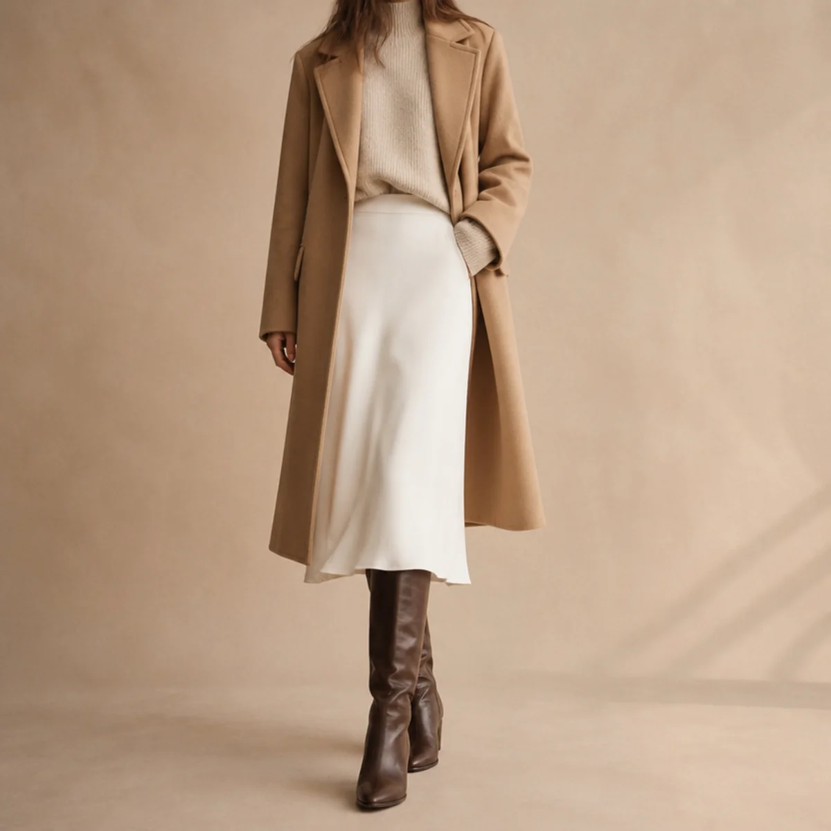 Faceless full-length shot of a white skirt with a knit, a camel coat and tall boots