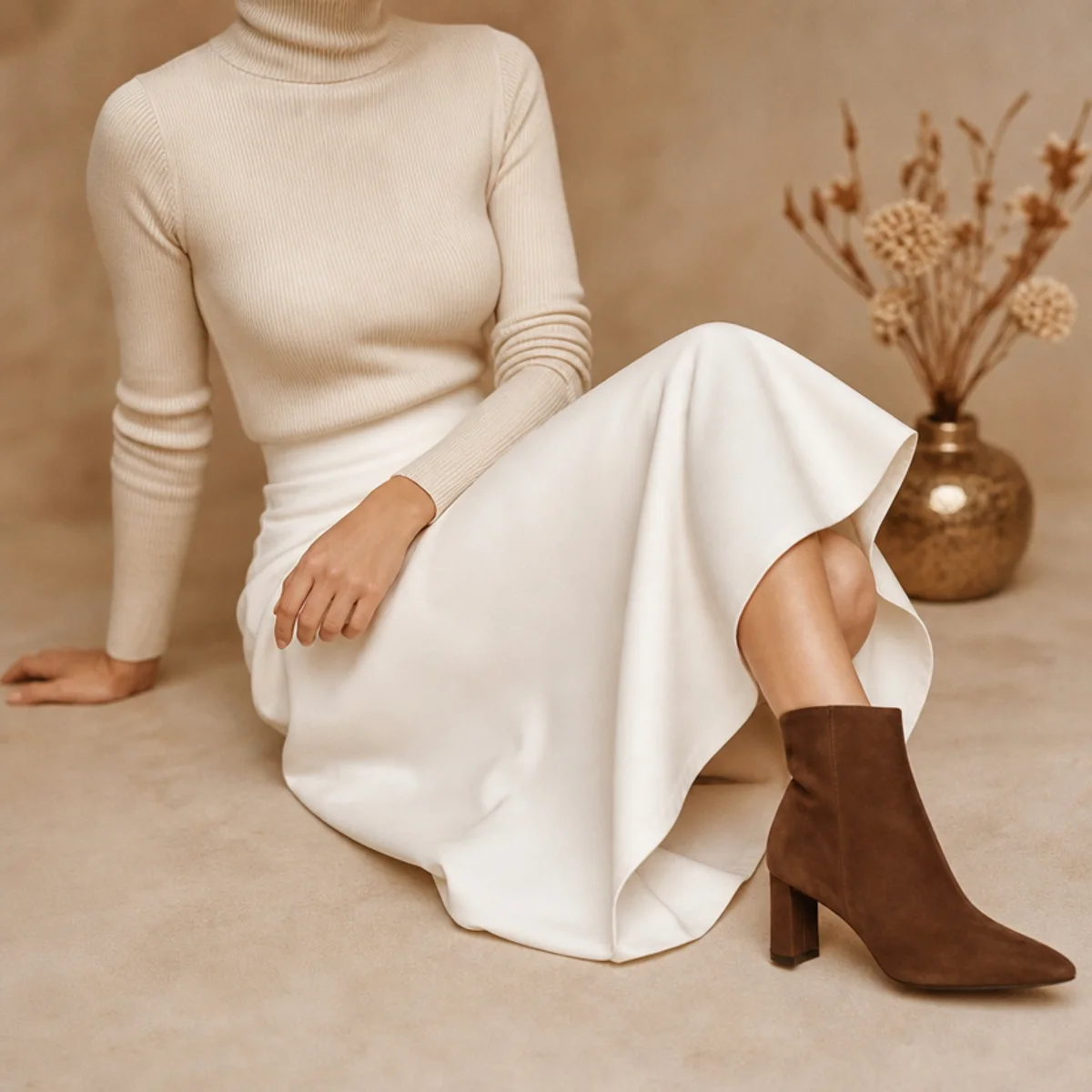Faceless waist-up shot of a white skirt with a fitted turtleneck and ankle boots