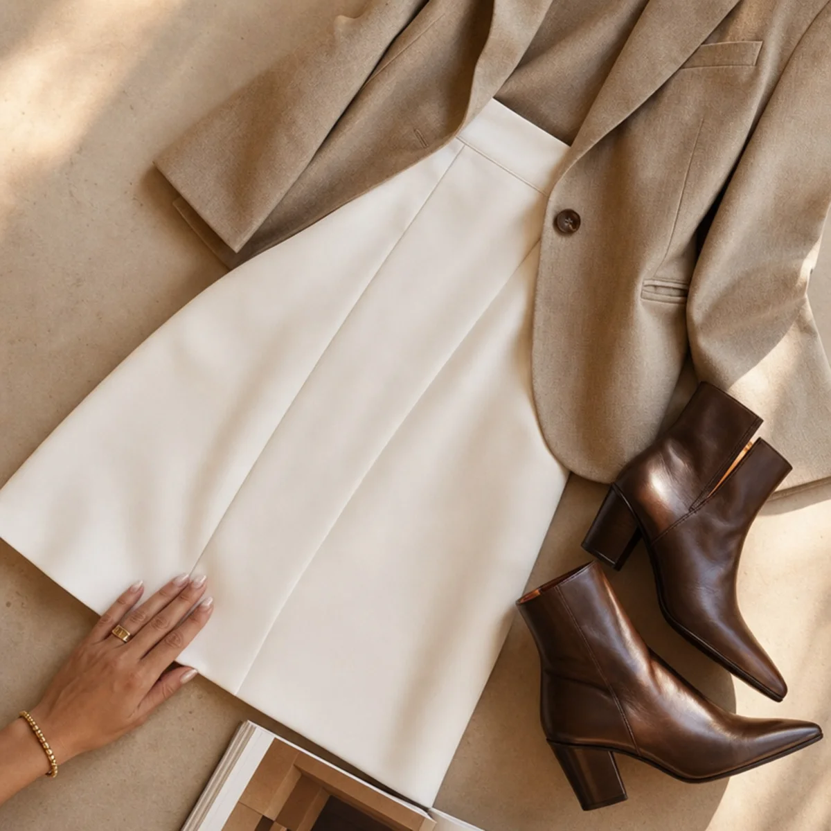Faceless full-length shot of a white skirt with a blazer and ankle boots for fall