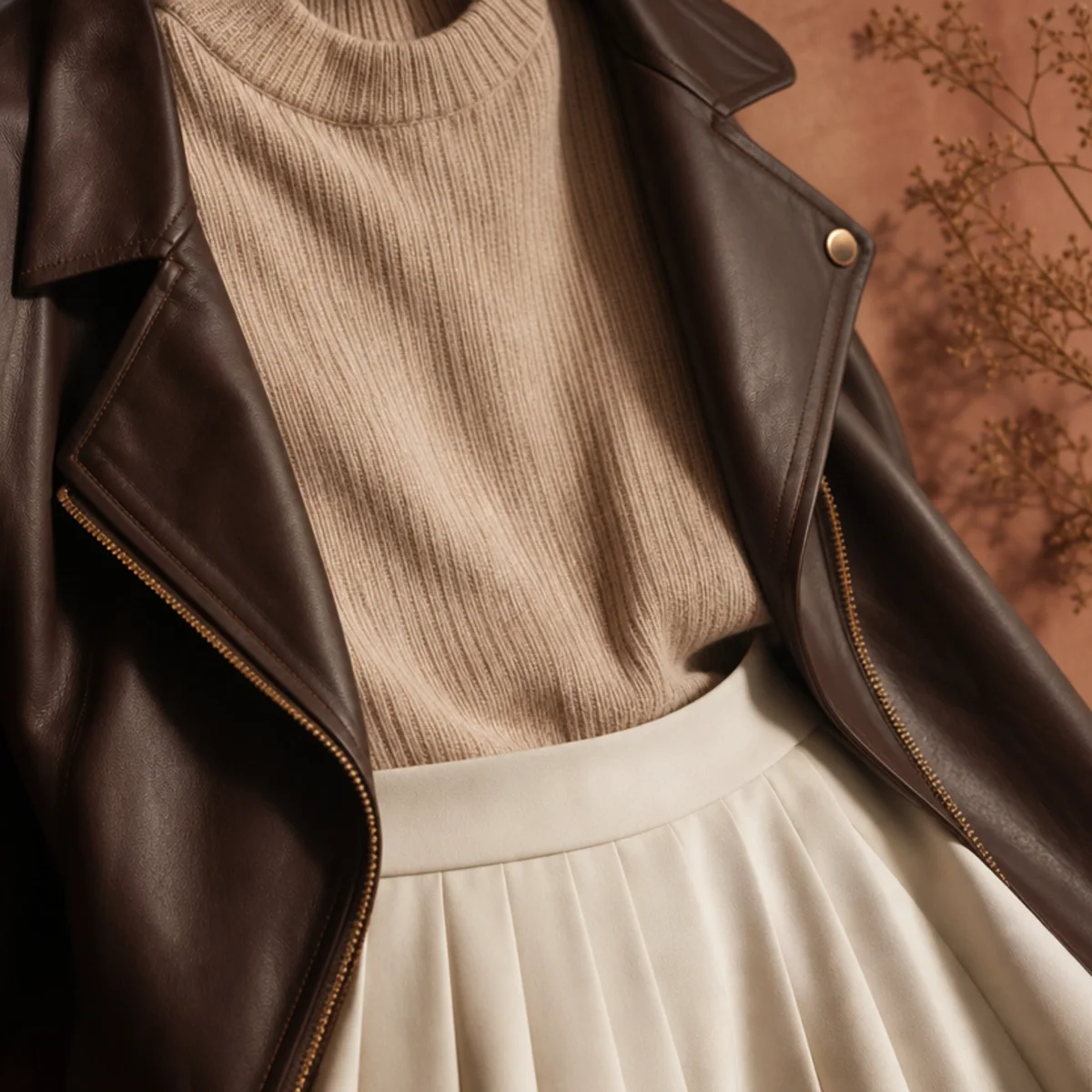 Faceless waist-up shot of a white skirt with a knit and a leather jacket for fall