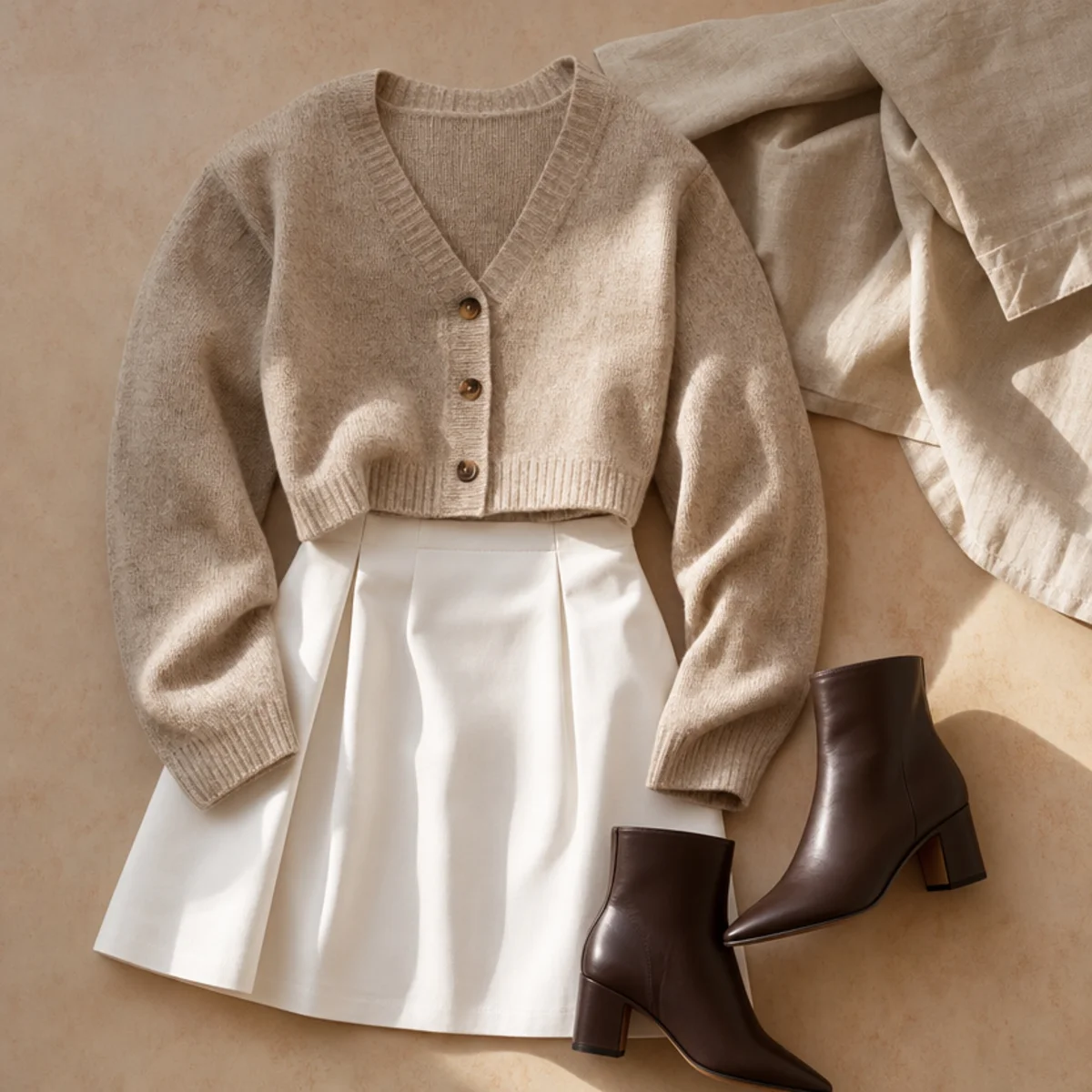 Faceless waist-up shot of a white skirt with a cropped cardigan and ankle boots for fall
