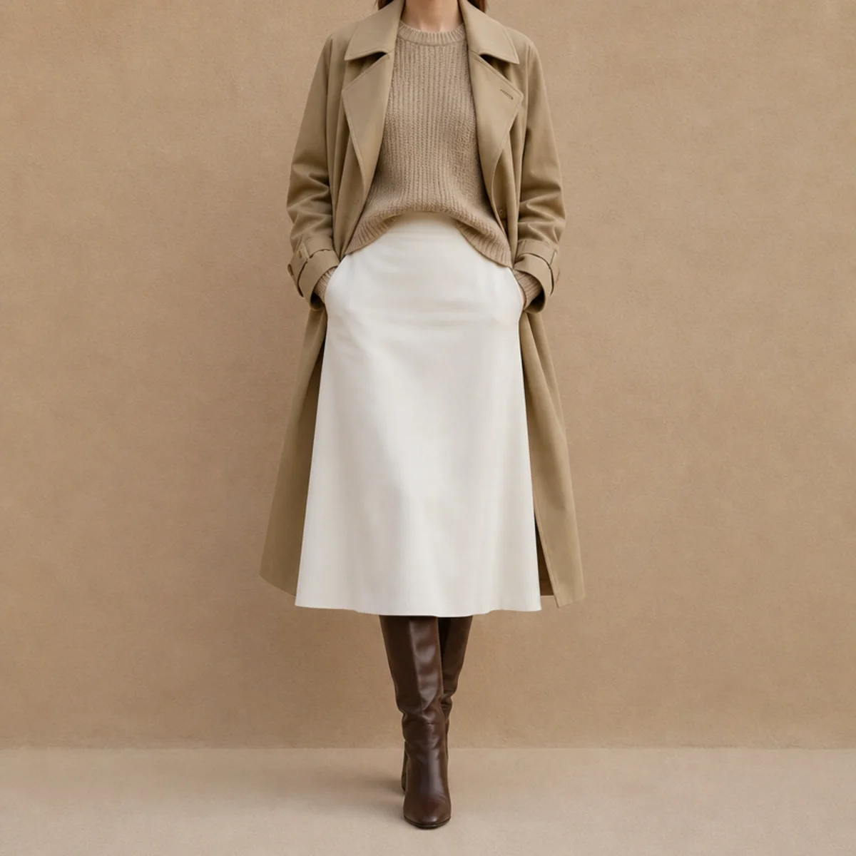 Faceless full-length shot of a white skirt with a knit, a trench and tall boots for fall