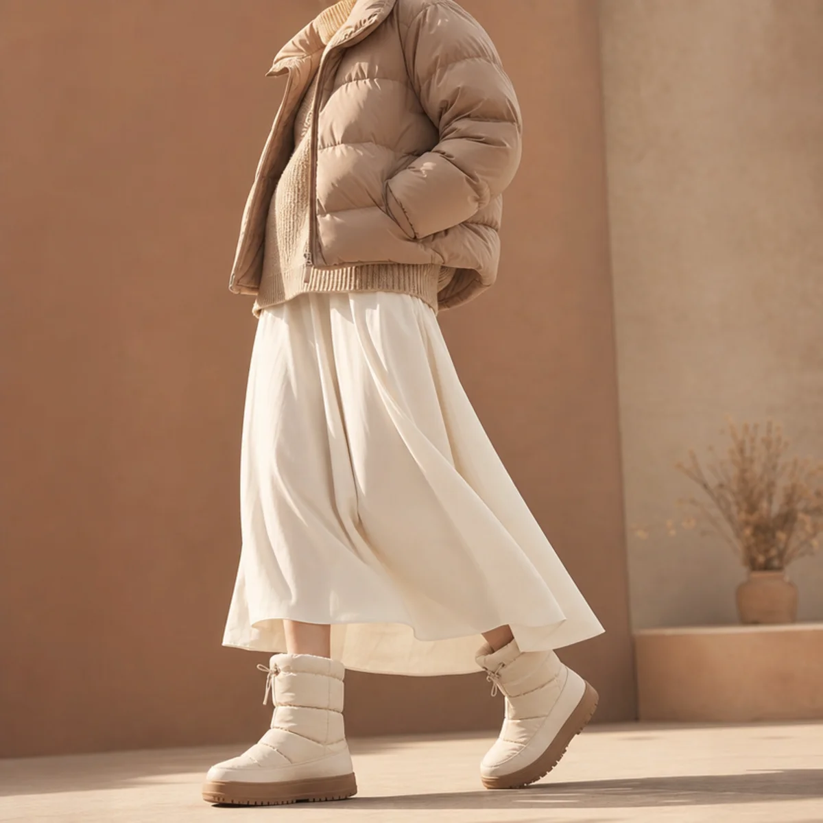Faceless full-length shot of a white skirt with a knit, a cropped puffer and ankle boots