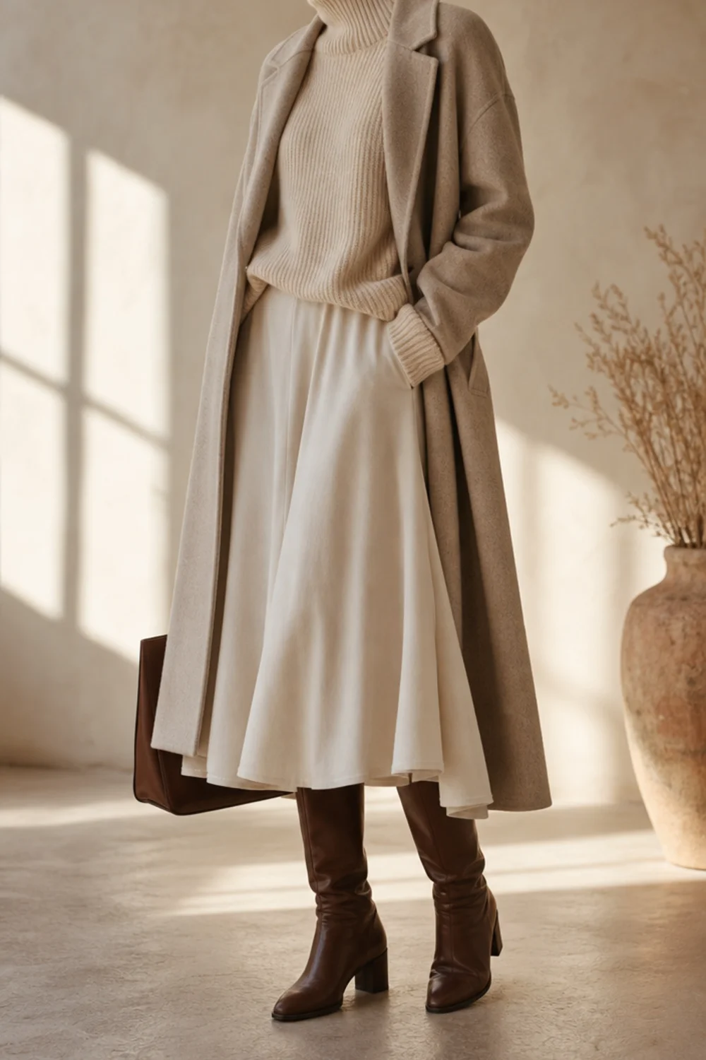 Faceless white skirt fall outfit with a knit, coat and boots