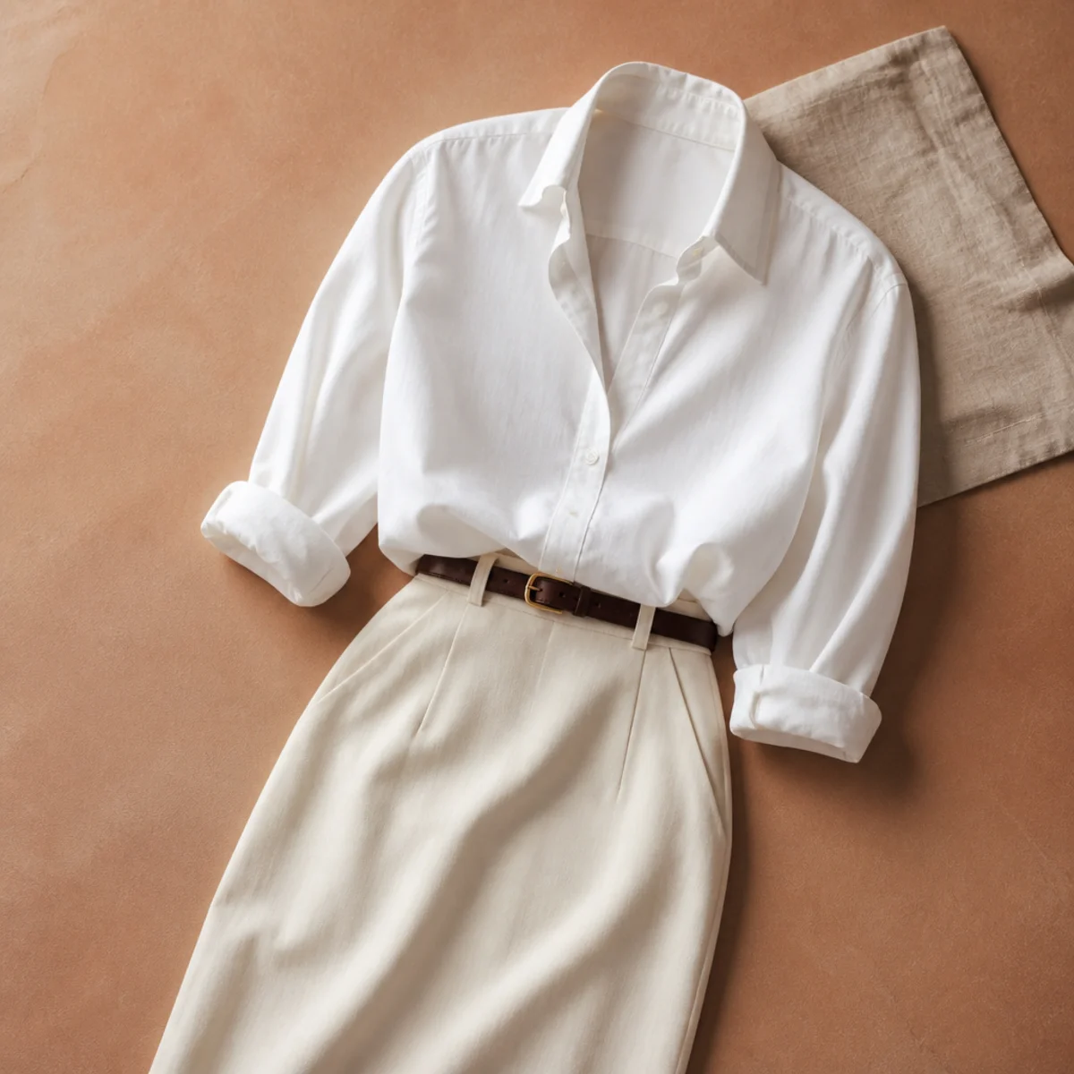 Faceless waist-up shot of a white skirt with a crisp button-down shirt half-tucked