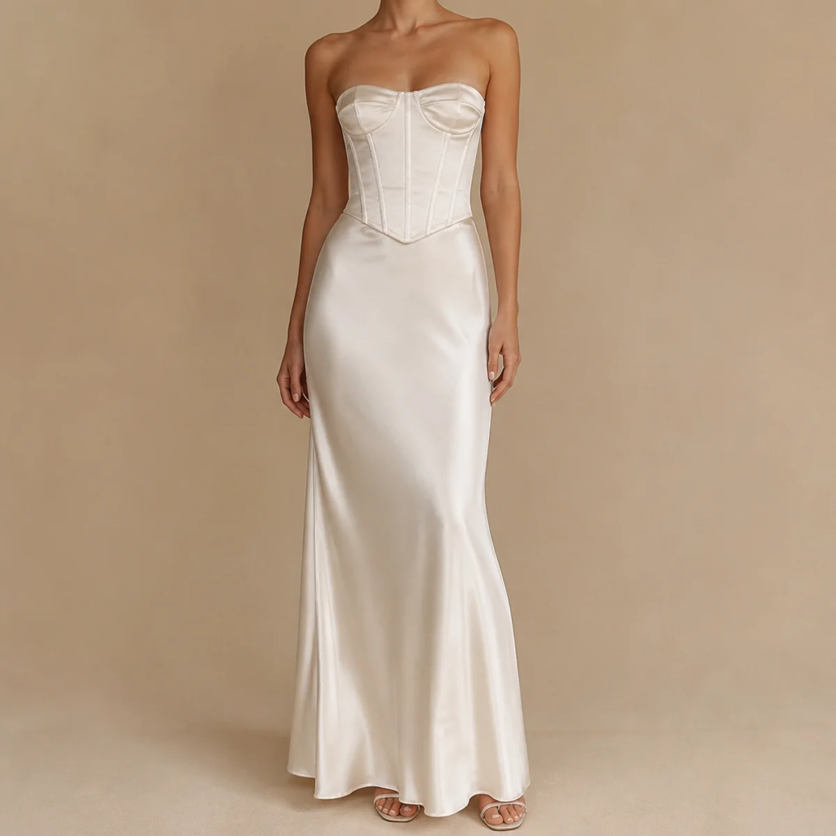 Faceless full-length shot of a white satin slip skirt with a corset top and heels