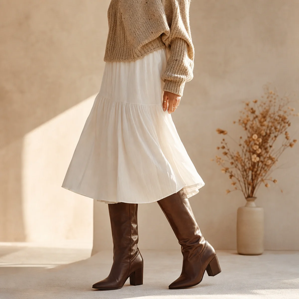 Faceless full-length shot of a white midi skirt with a knit and tall boots for autumn