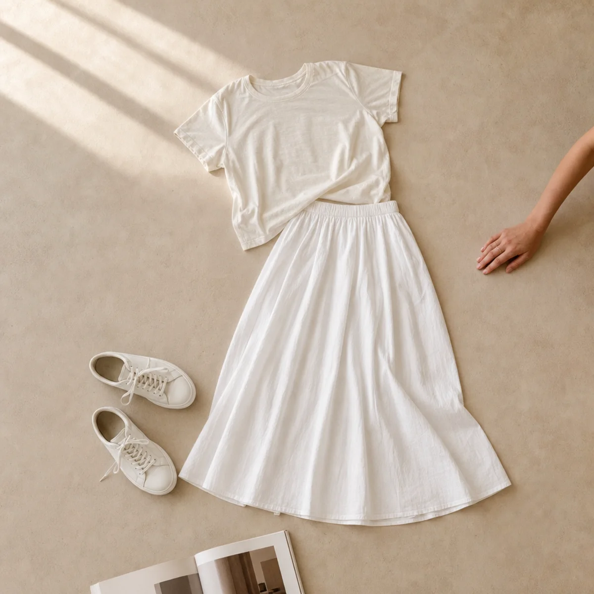 Faceless full-length shot of a white midi skirt with a tee and white sneakers
