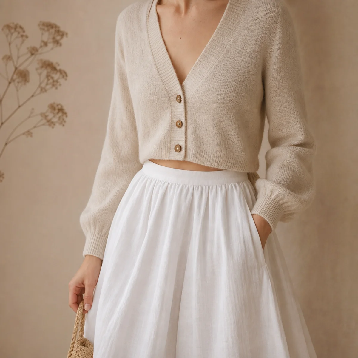Faceless waist-up shot of a white skirt with a cropped cardigan and flats