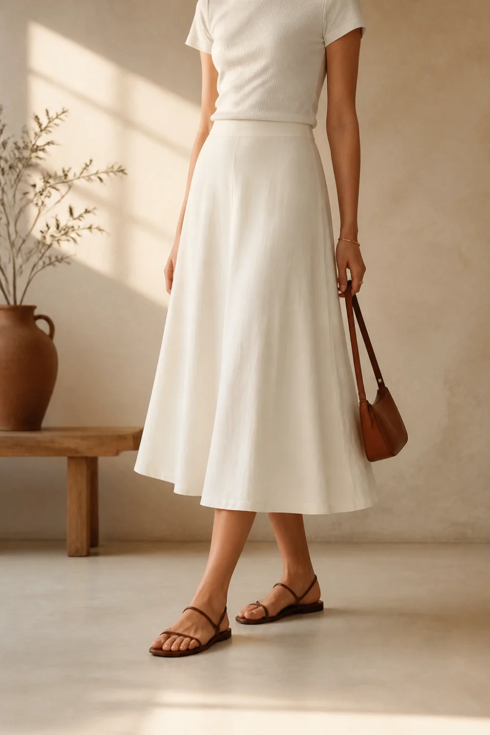 Faceless white skirt outfit with a fitted tee and sandals