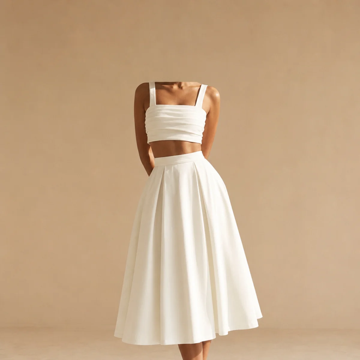 Faceless waist-up shot of a high-waisted white skirt with a fitted crop top
