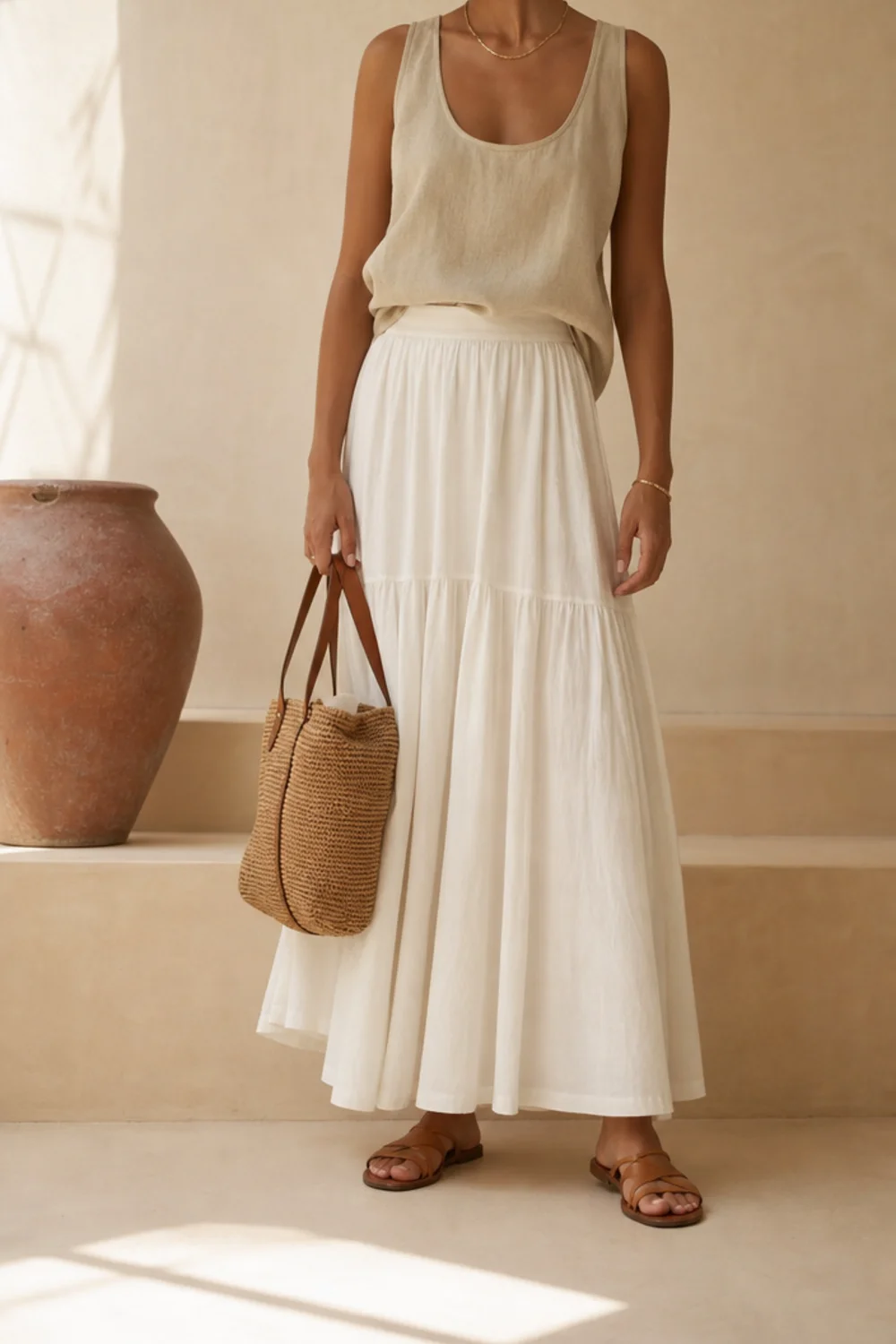 Faceless white skirt summer outfit with a linen tank and sandals