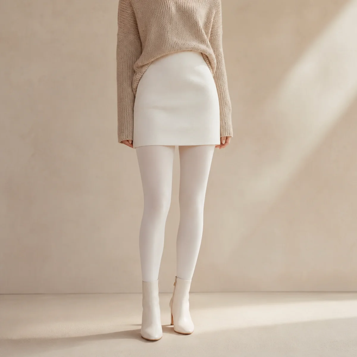Faceless full-length shot of a white mini skirt with tights, a knit and ankle boots